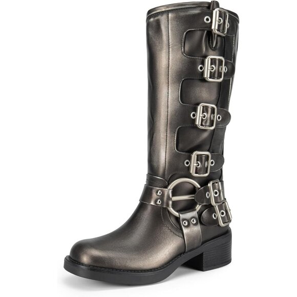 ⚡Women's Silver Polyurethane Knee High Riding Side Zipper Chunky Heel Boots - Picture 1 of 7